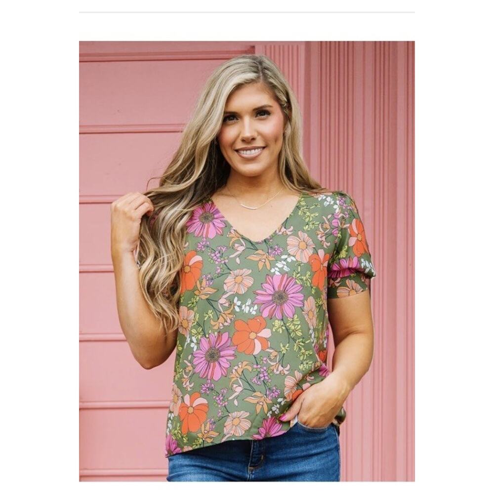 Michelle McDowell Maya Top Women’s Sz Small Green Floral Puff Sleeve Flowy Shirt